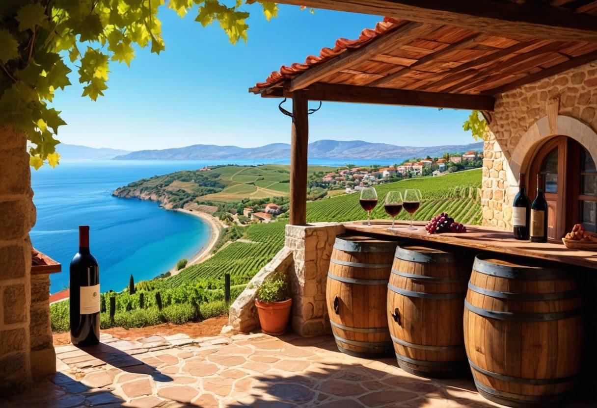 A picturesque Turkish vineyard sprawls across rolling hills, with lush grapevines glistening under the sun. In the foreground, a small rustic wine cellar offers a glimpse of vintage wine bottles and oak barrels. Overlooking the scene is a couple clinking glasses full of rich red wine, with the backdrop of a calm, cerulean sea and a quaint village dotted with red-tiled roofs. Realistic. Vibrant colors. Scenic landscape.