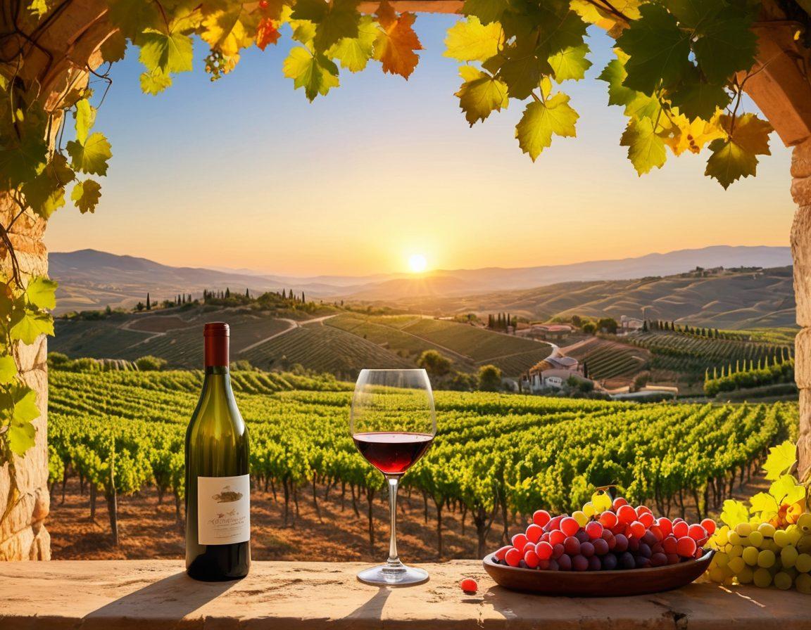 A picturesque vineyard set against the backdrop of the sun setting over the rolling hills of Turkey, with lush grapevines and a scenic winery. Include a bottle of wine being poured into a glass, capturing the vibrant colors of the wine. A few tourists clinking glasses in the distance, immersed in the ambiance of the wine tour. vivid colors, realistic, warm tones, detailed landscape.