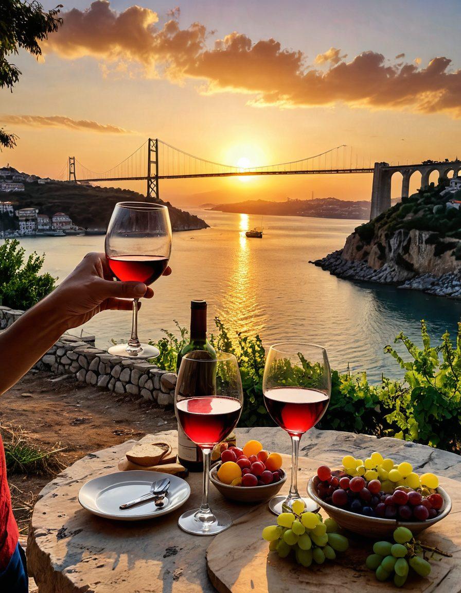 A picturesque vineyard in the heart of Turkey at sunset, with vibrant rows of grapevines leading up to a rustic stone winery. Include a group of friends or tourists joyfully clinking wine glasses filled with rich red and white wines, set against the backdrop of the Bosphorus Bridge. The scene should be lively with hints of Turkish cultural elements like traditional pottery and intricate patterns. super-realistic. vibrant colors.